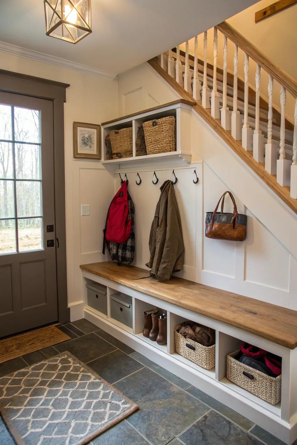 A practical mudroom that efficiently uses the space beneath the staircase.