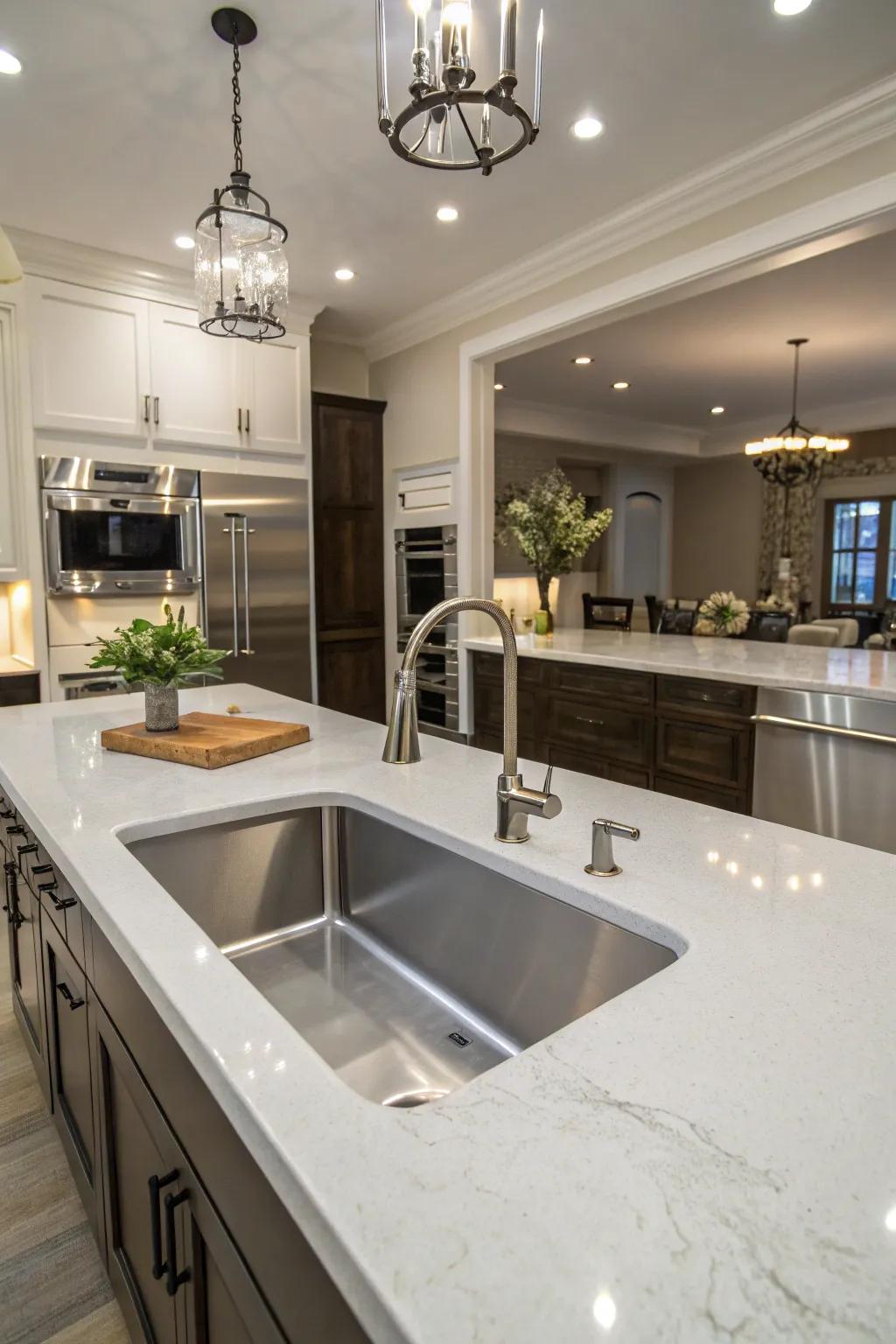 A profound basin undermount sink, ideal for accommodating sizable cookware.