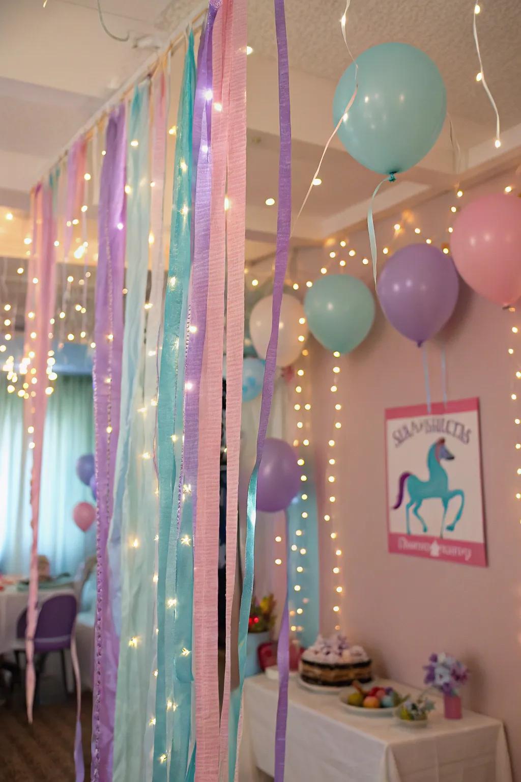 Enchanting unicorn trimmings with delicate tinted ribbons and sprite lights.