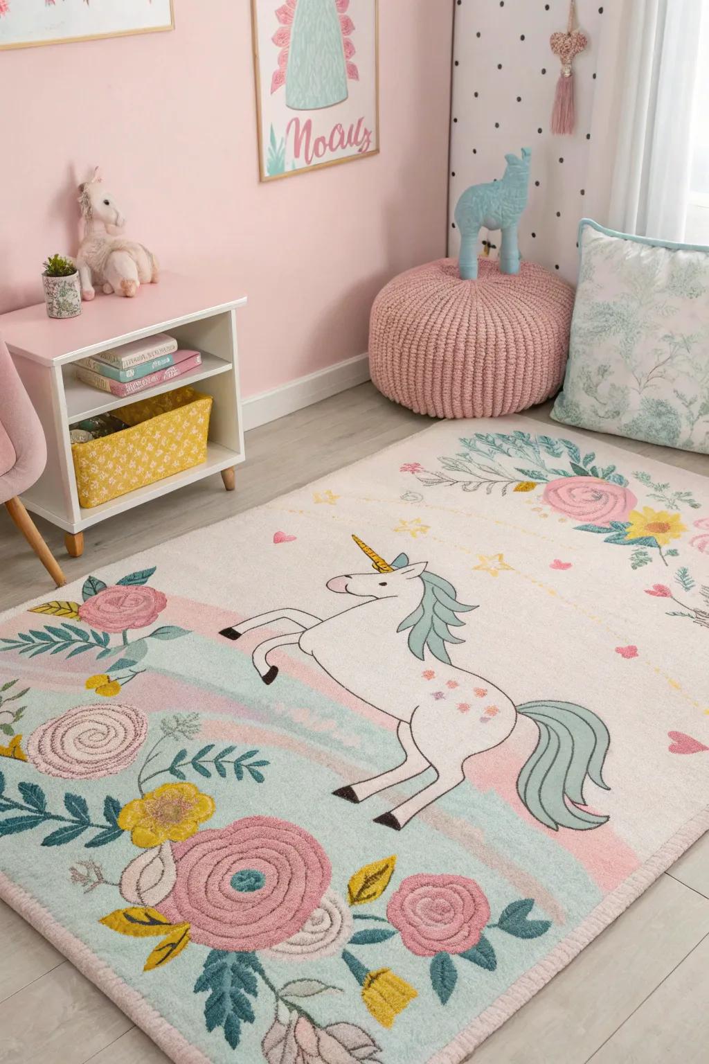 A fantasy floor rug ties the room together.
