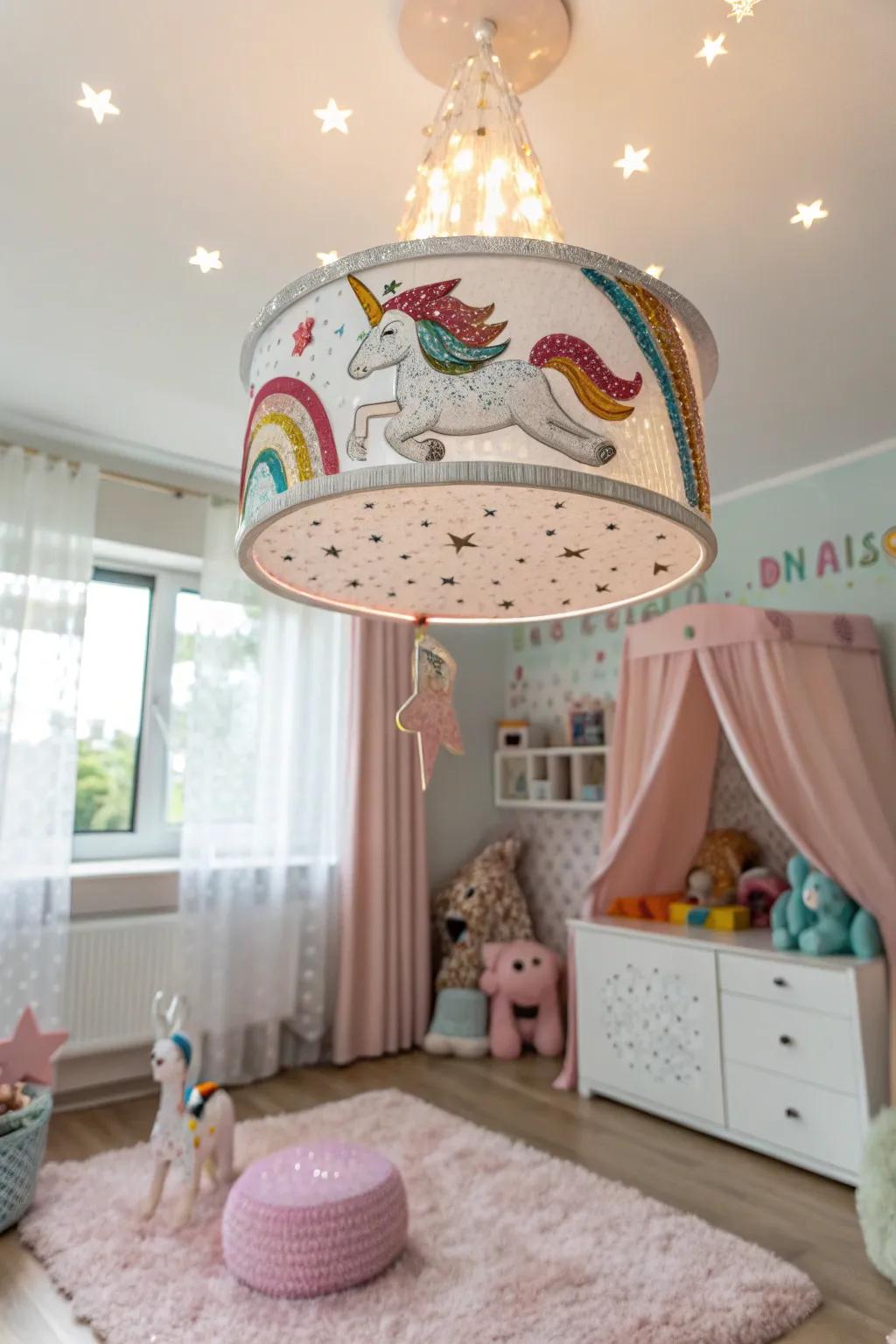 A unicorn lighting element enlivens the area with panache.