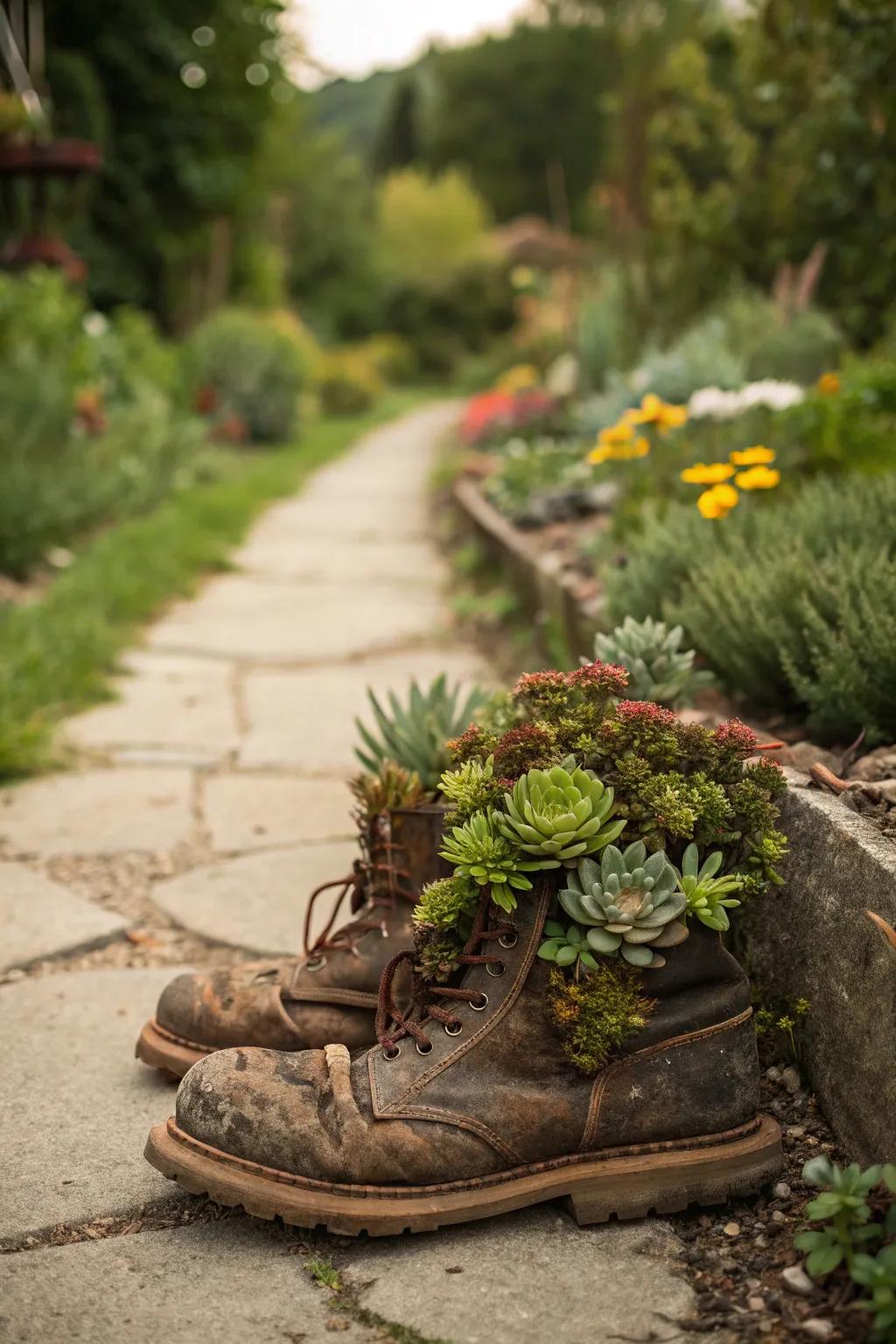 Aged boots repurposed into playful succulent displays.