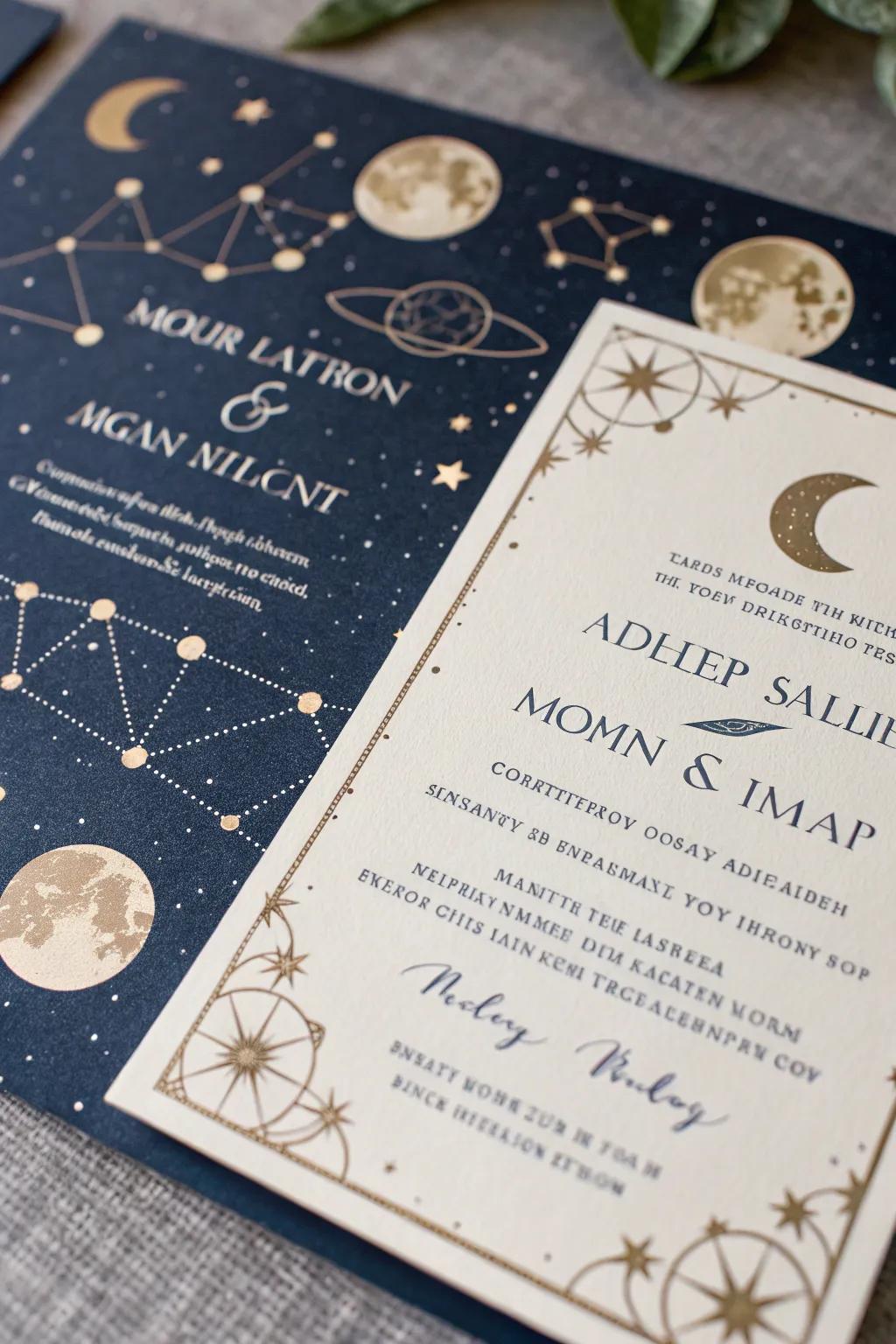 Celestial themes add a touch of magic to wedding invitations.