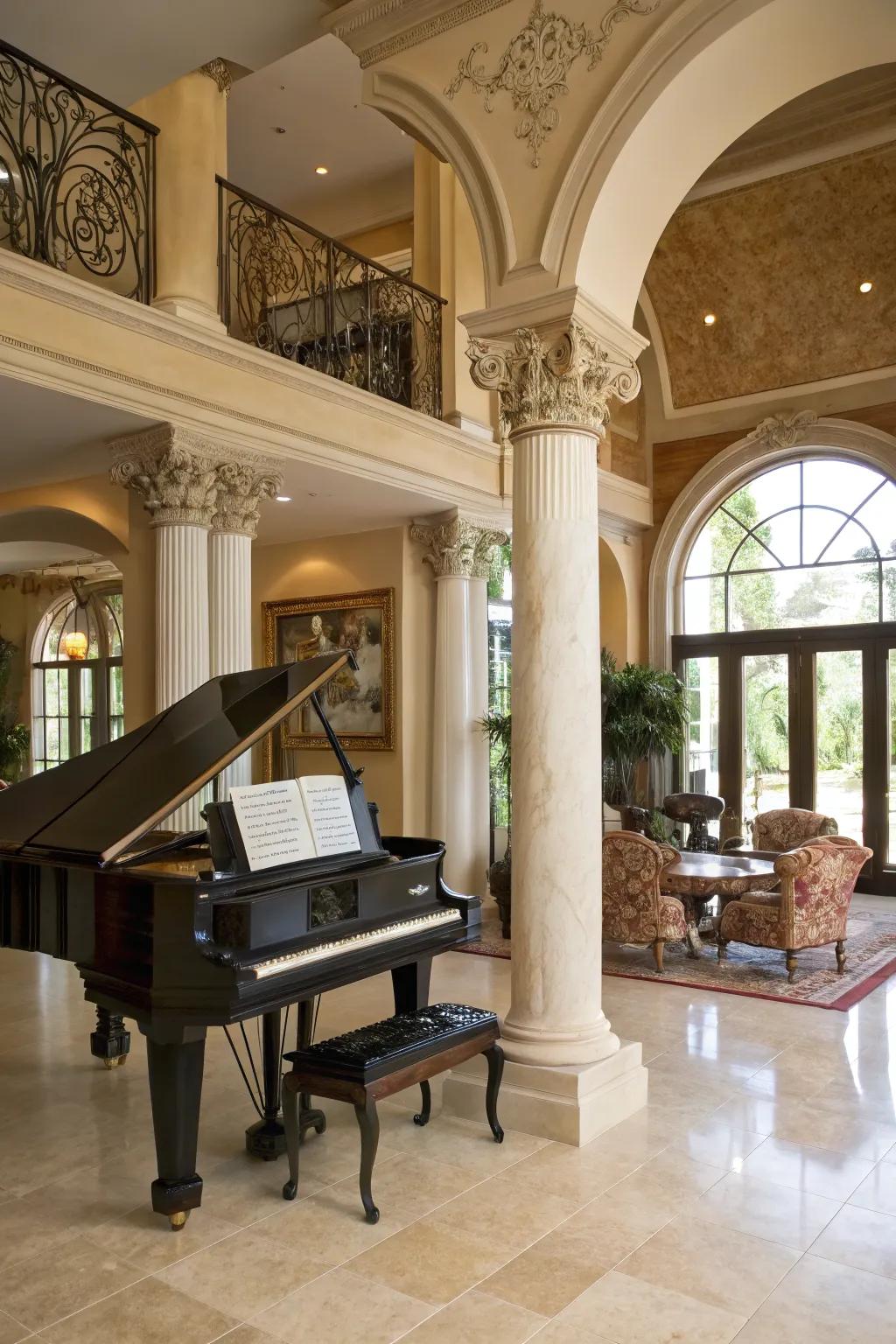 A grand living space featuring an upright piano integrated with decorative moldings and pillars.