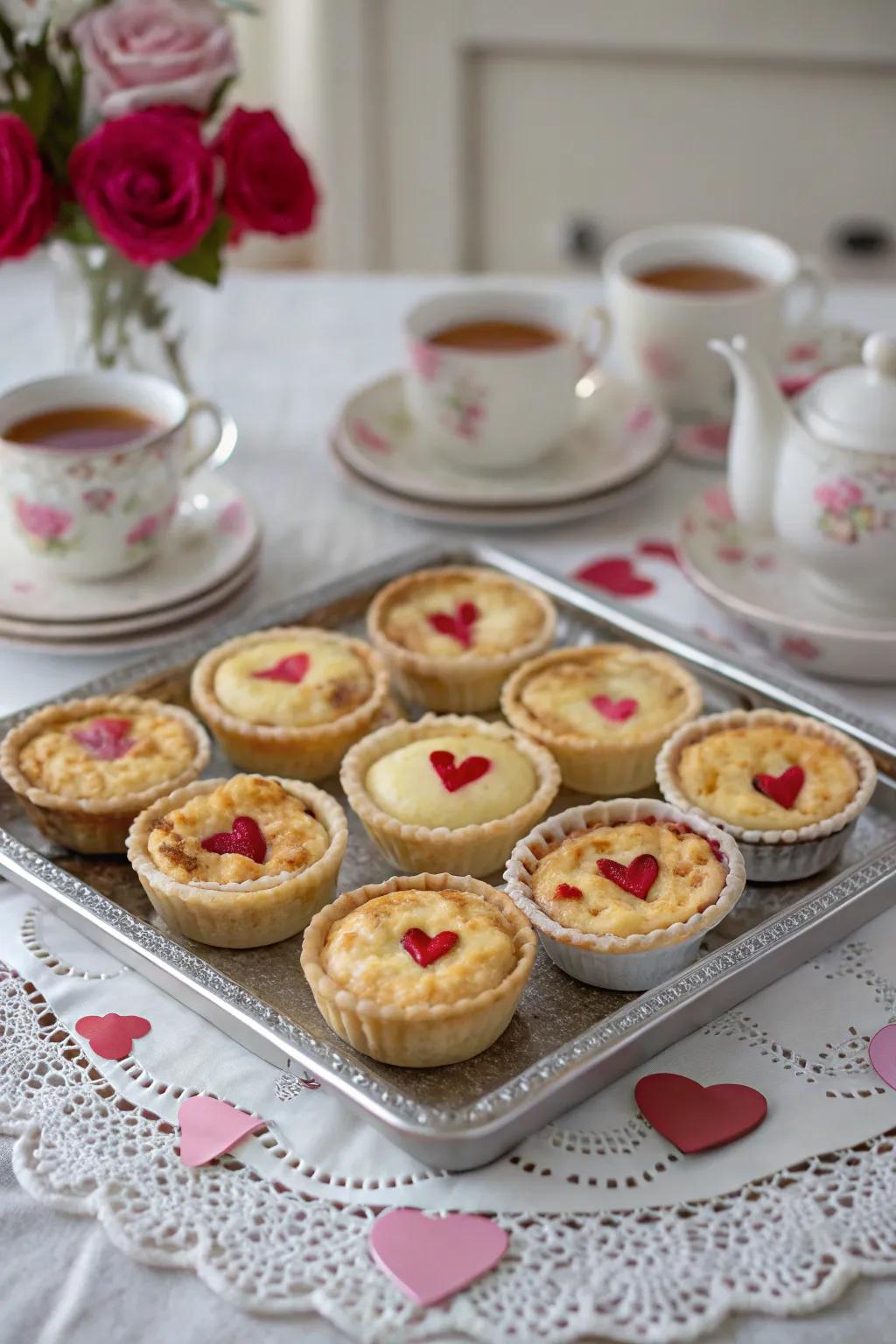 Savory scaled-down quiches providing a delightful savory selection at the tea celebration.