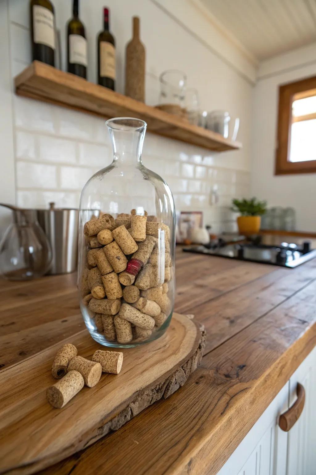 Incorporate a rustic touch through wine stoppers as decor.
