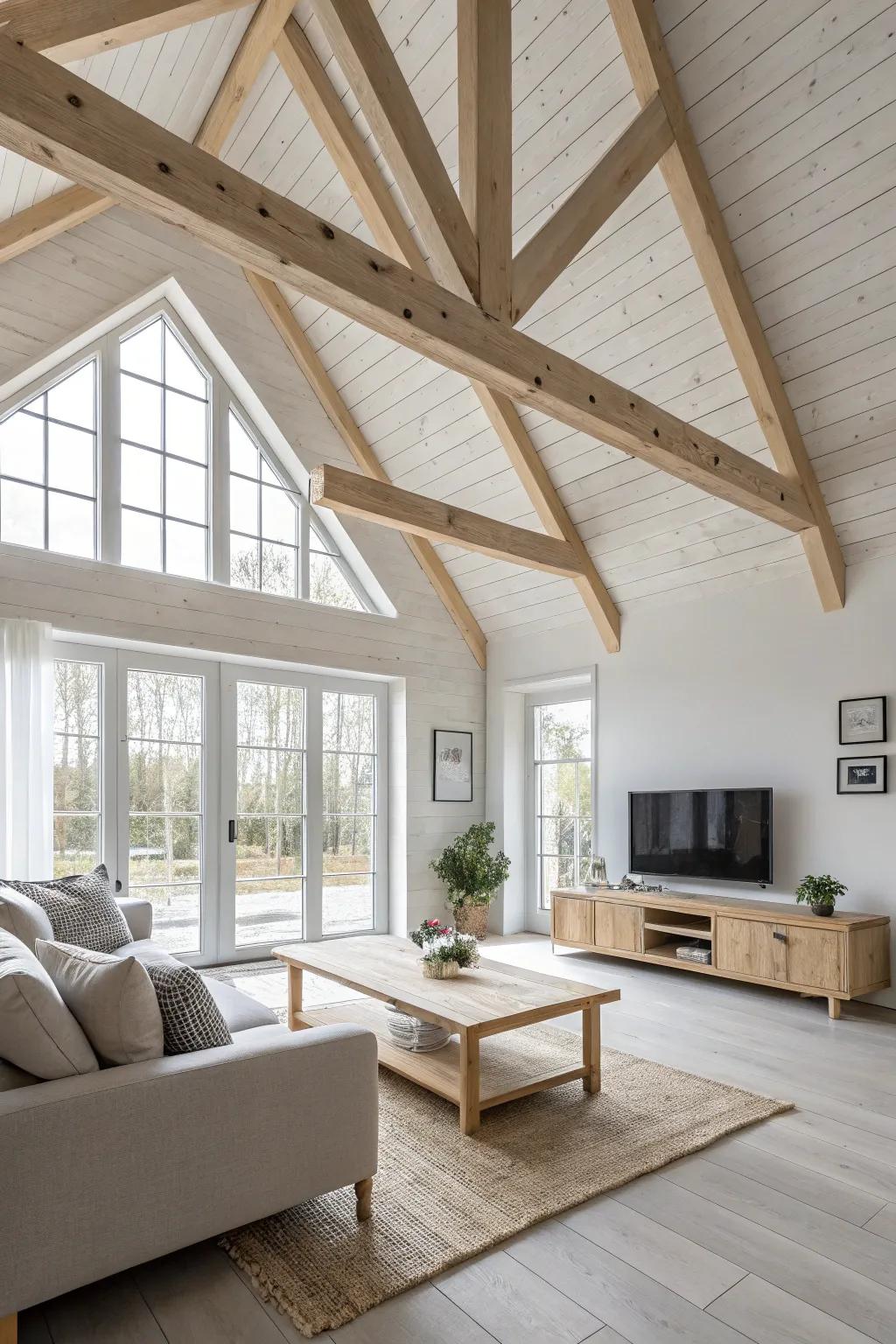 Scandinavian plainness presented through bright wood beams on a vaulted ceiling.