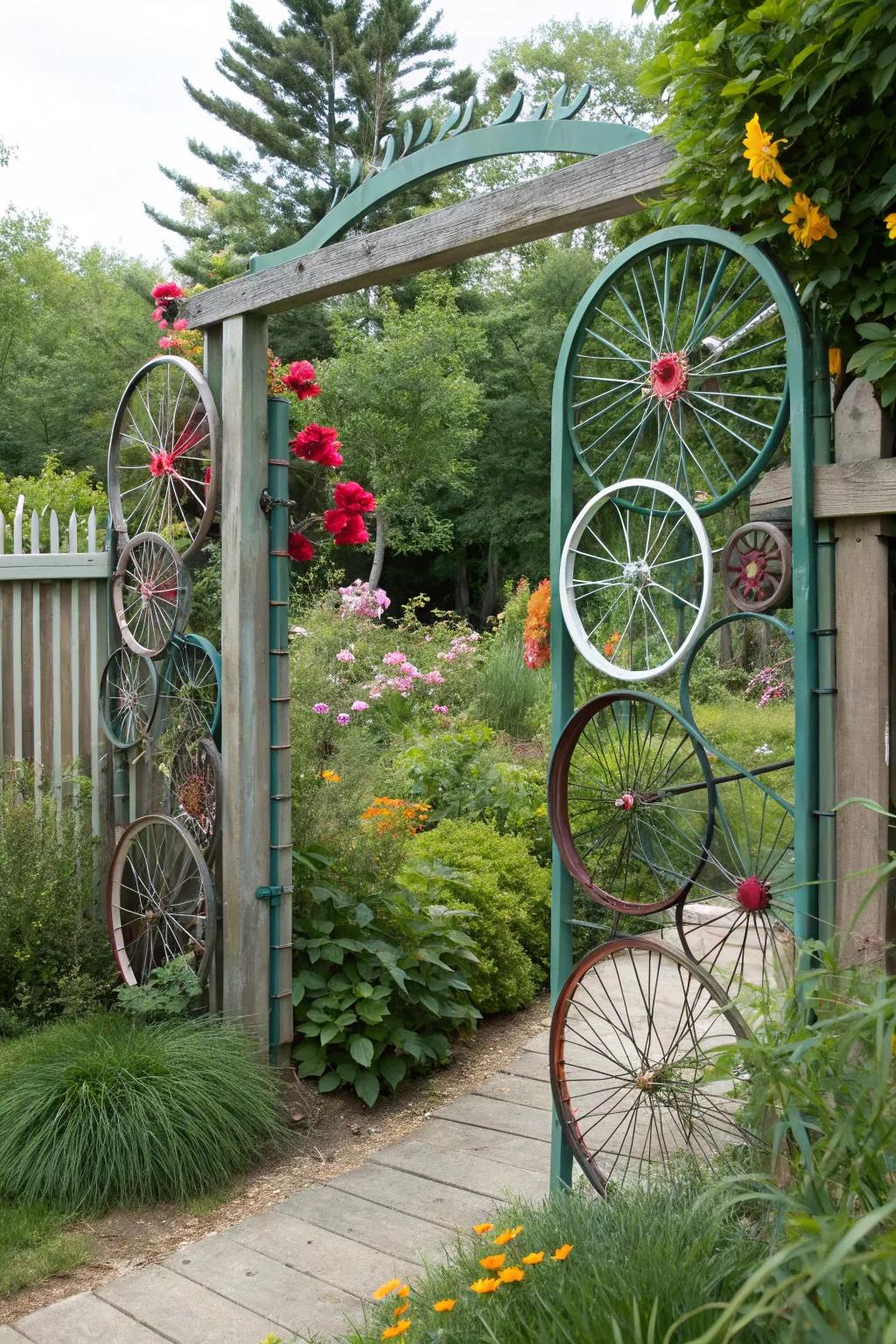 An imaginative entrance featuring recycled wheels.