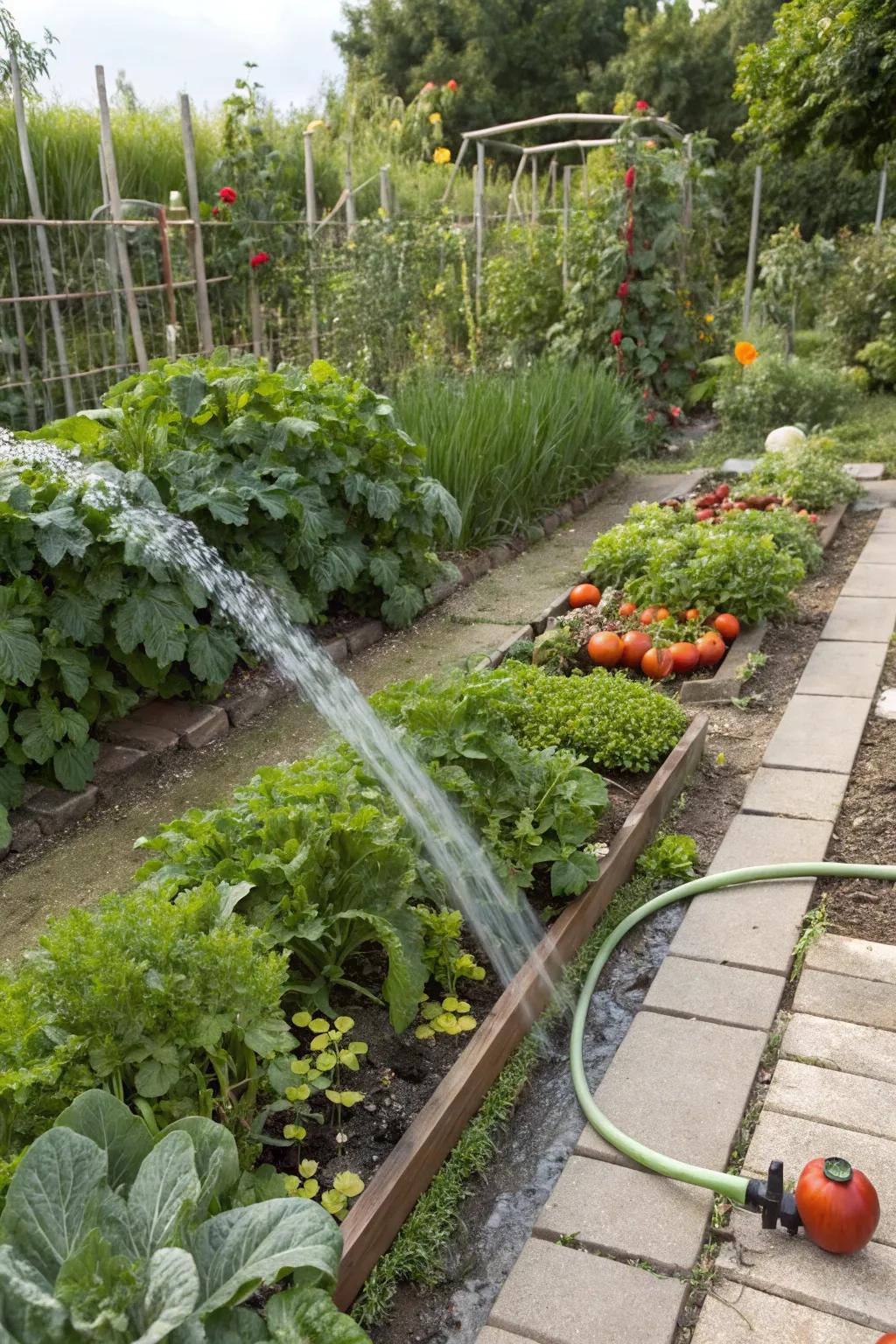 A garden design that integrates easy access to water for convenience.