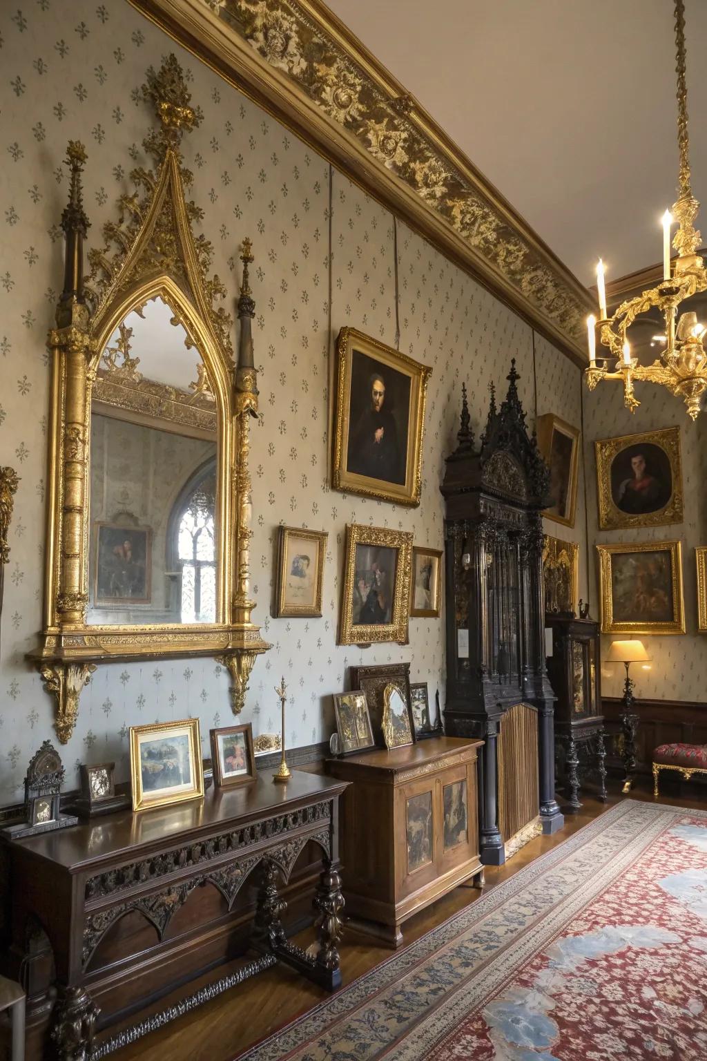 Gilded decorations enhance the room's luxurious feel.