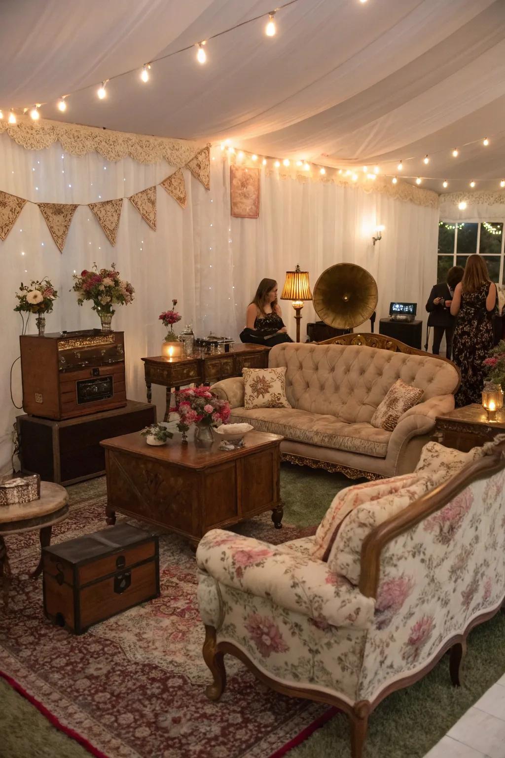 An elegant lounge space featuring antique furniture for guests to enjoy.