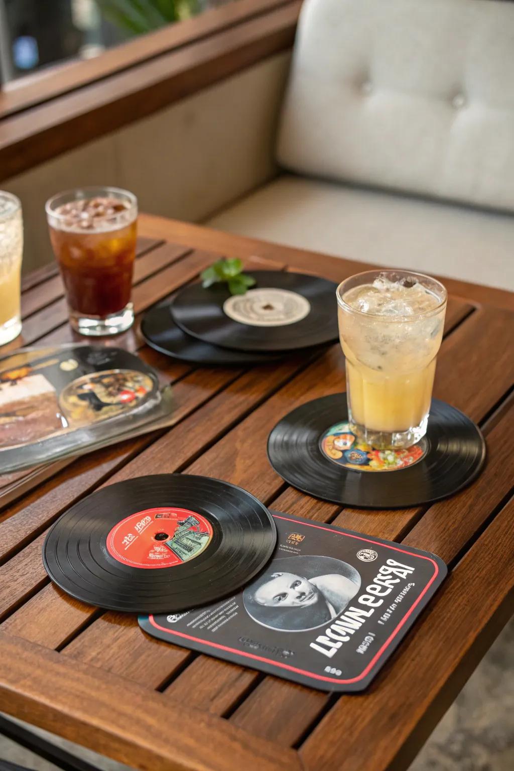 Protect your surfaces in style with these unique vinyl record coasters.