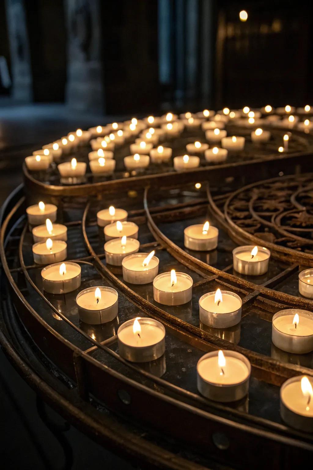 Reflective surfaces intensify the radiance of votive candles.