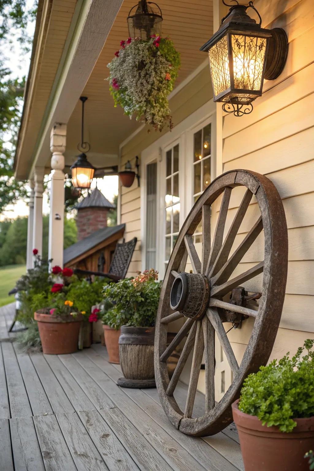A cartwheel functioning as the central point of a welcoming front stoop arrangement.