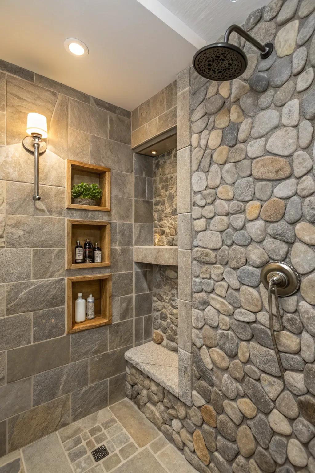Stone shower featuring concealed alcoves for storage.