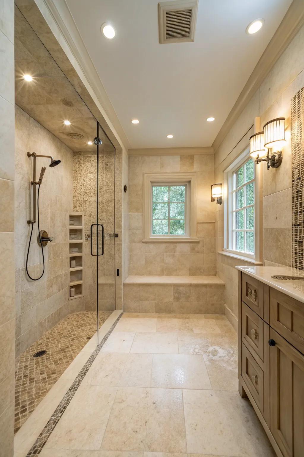 Mineral stone tiles fashion a tranquil and spa-like atmosphere.