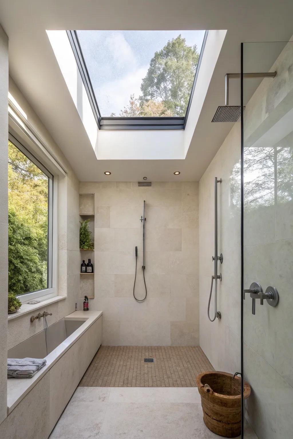 A skylight in a walk-in shower, supplying natural light and seclusion.