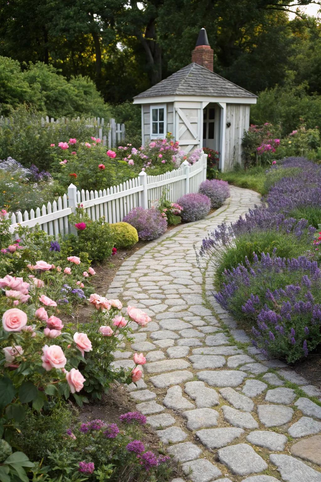 Cobblestone routes add timeless beauty to gardens.