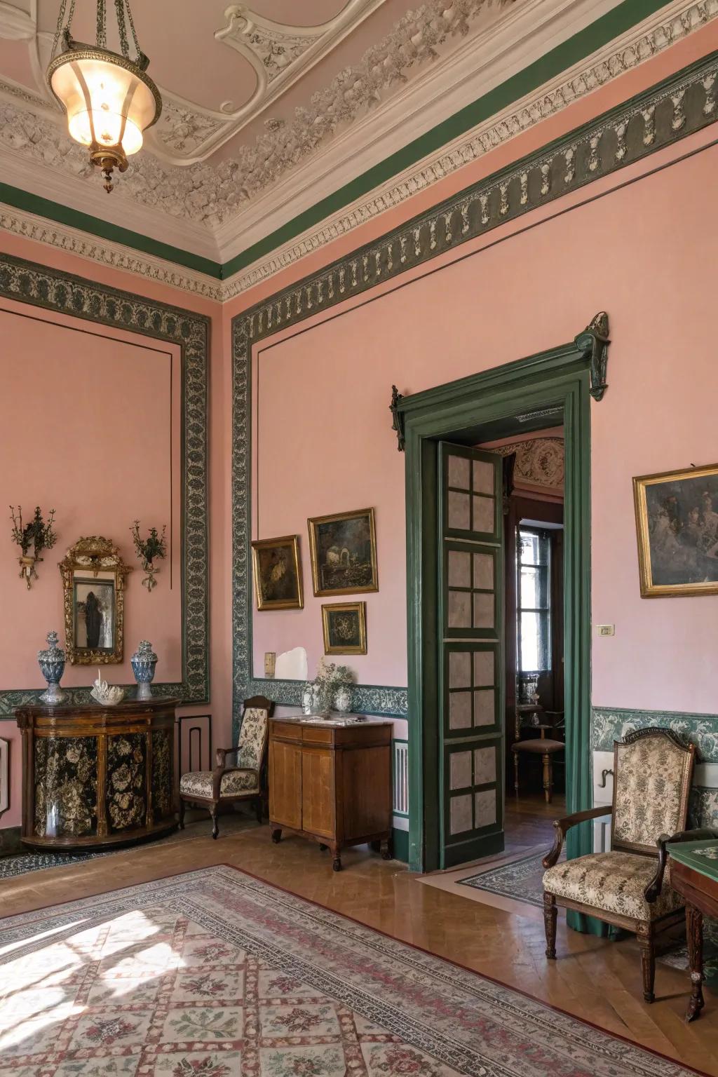 Vintage charm featuring gentle rose walls and deep verdant trim.