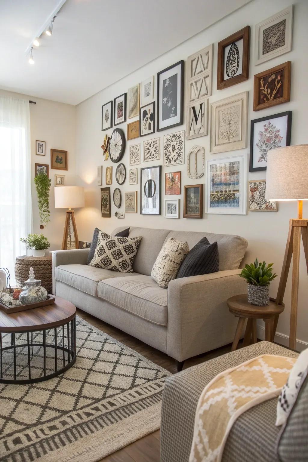 Text art adds a bold statement to a wall collage.