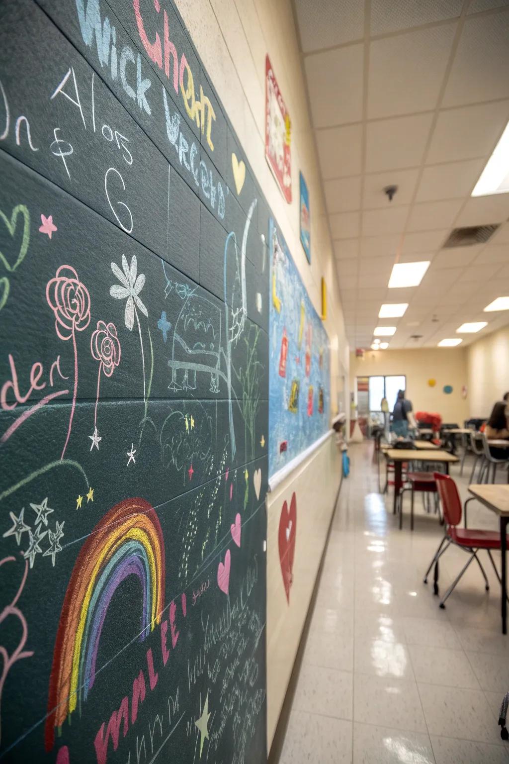 A chalkboard paint wall brimming with student creativity
