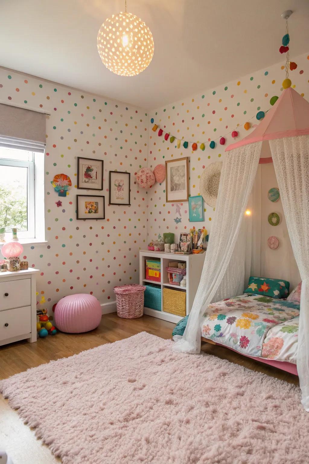 Polka dots impart a playful and timeless charm.