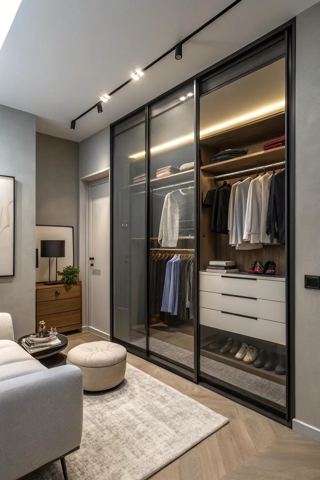 Gliding doors conserve area and present a smooth, modern aesthetic.