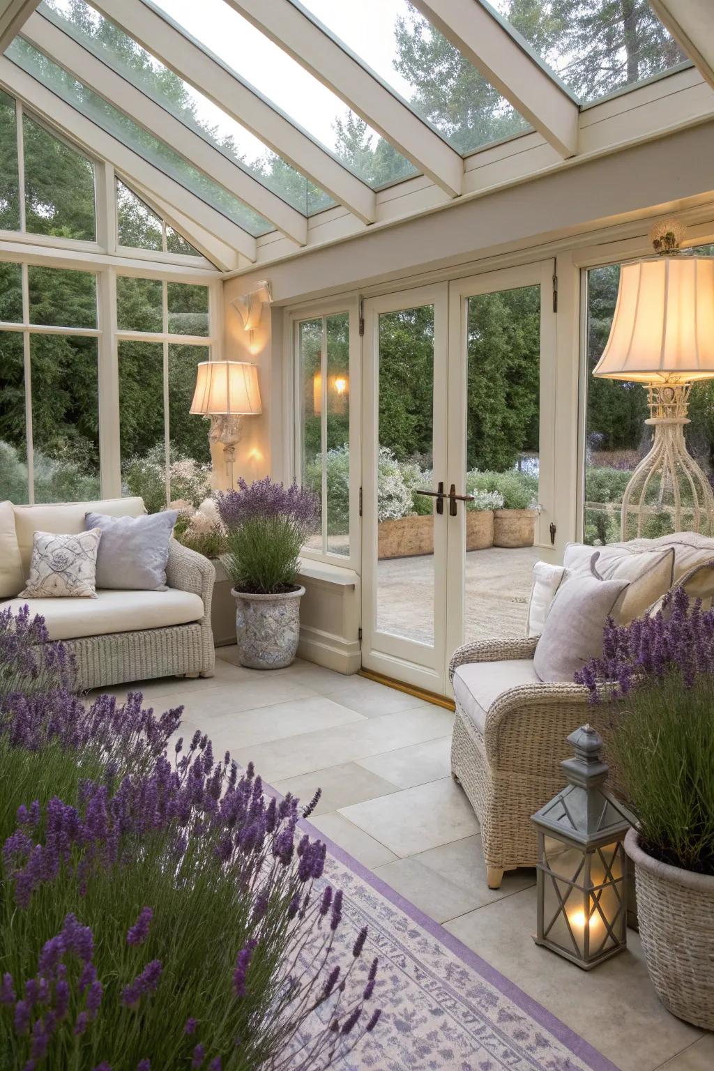 Sunroom with lilac walls, exuding serenity and panache.