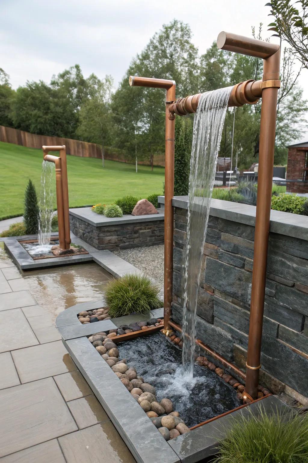 Copper conduits impart a sleek and contemporary element to your waterfall.