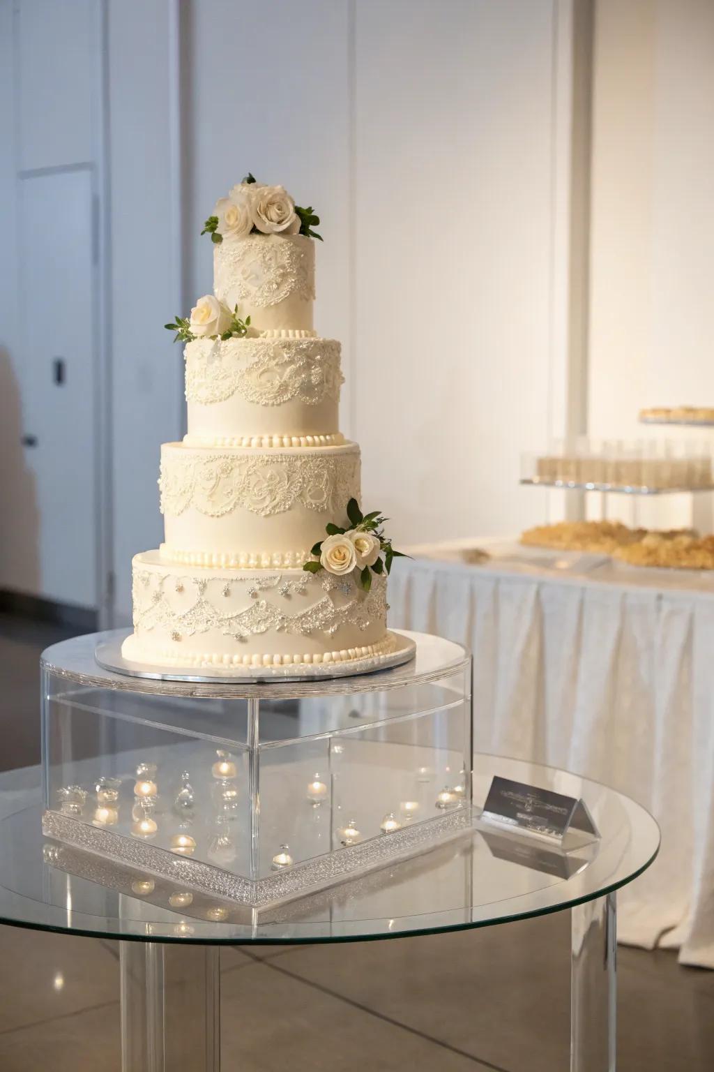 See-through stands setting a modern tone to the wedding cake display.