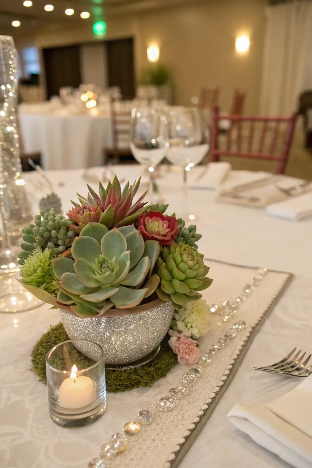 Succulents deliver a trendy and eco-minded centerpiece route.