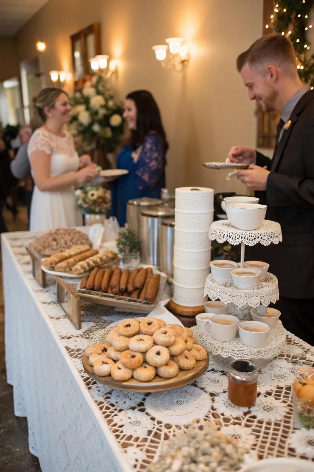 Coffee and dessert mixes at a wedding coffee bar.