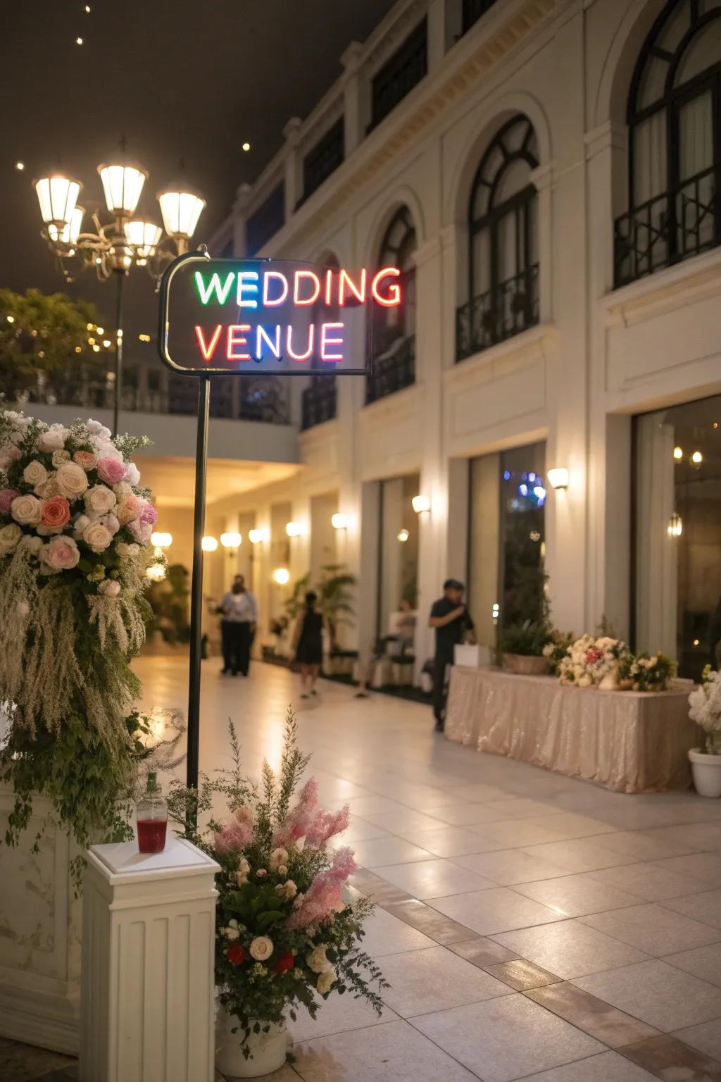 A statement tube sign introduces modern flair to any wedding.