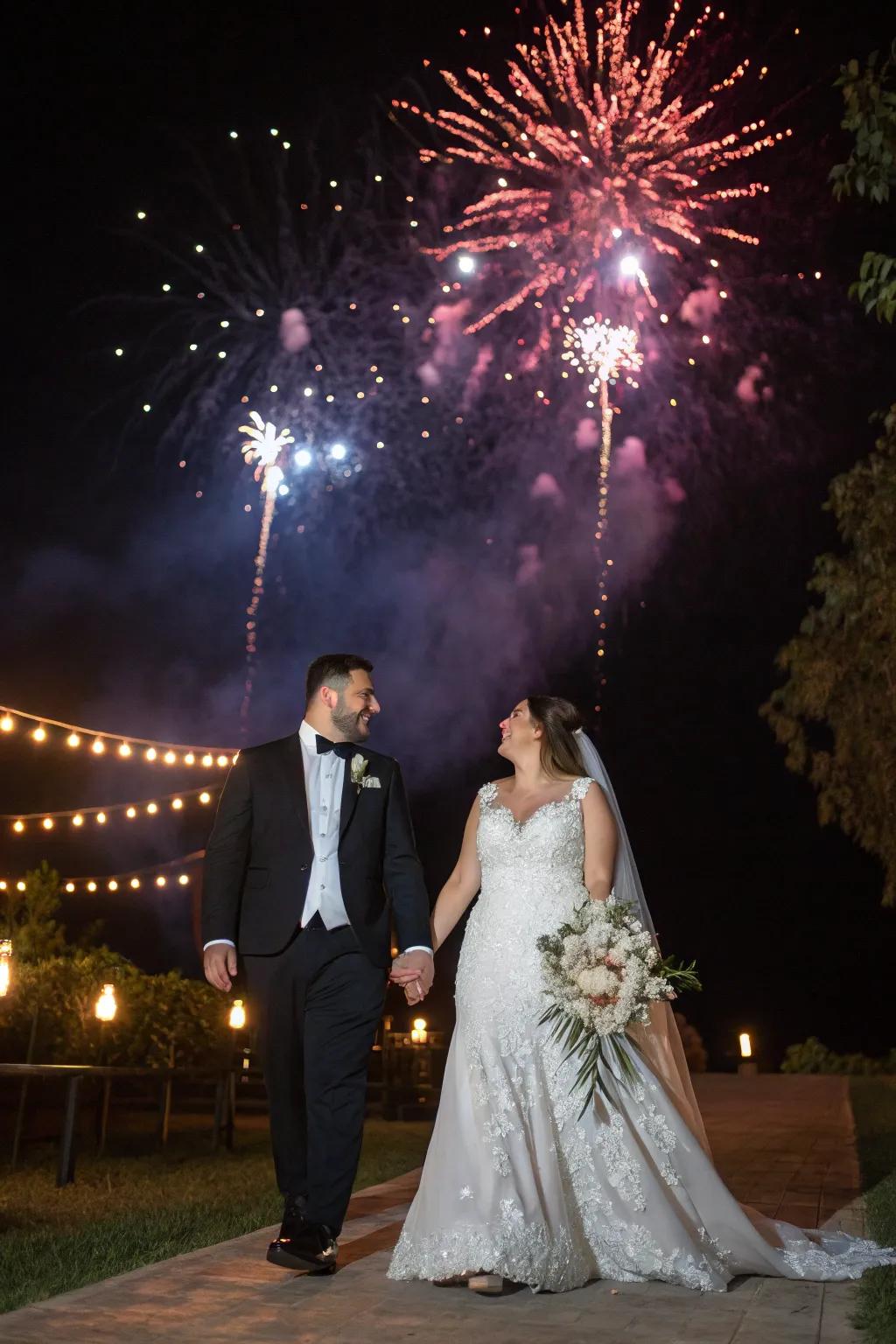 An impressive fireworks display celebrates the couple's entrance.