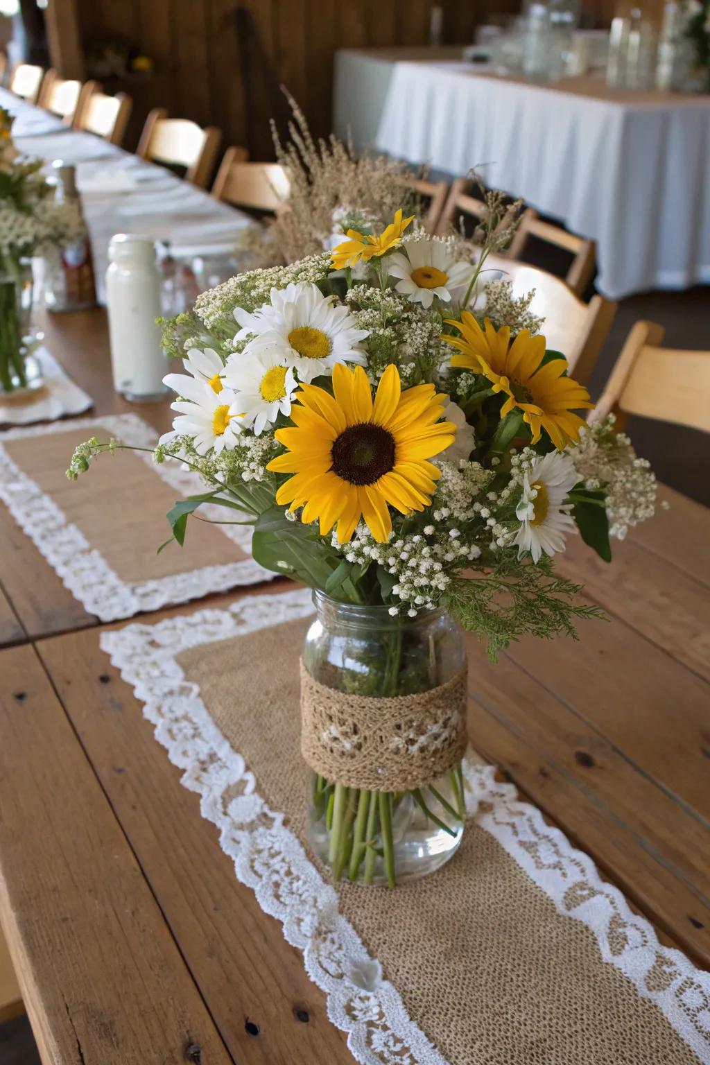 Countryside barn aesthetic with daisies and sunflowers