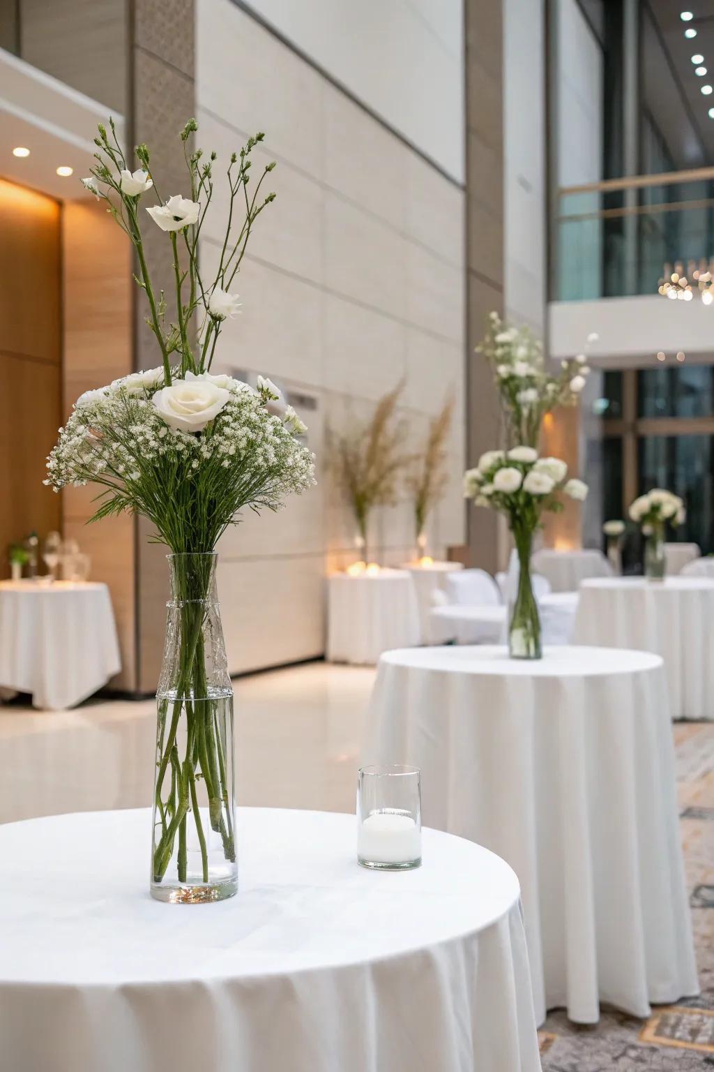 Minimalist single-stem arrangements, providing a chic and sophisticated look for a contemporary wedding.