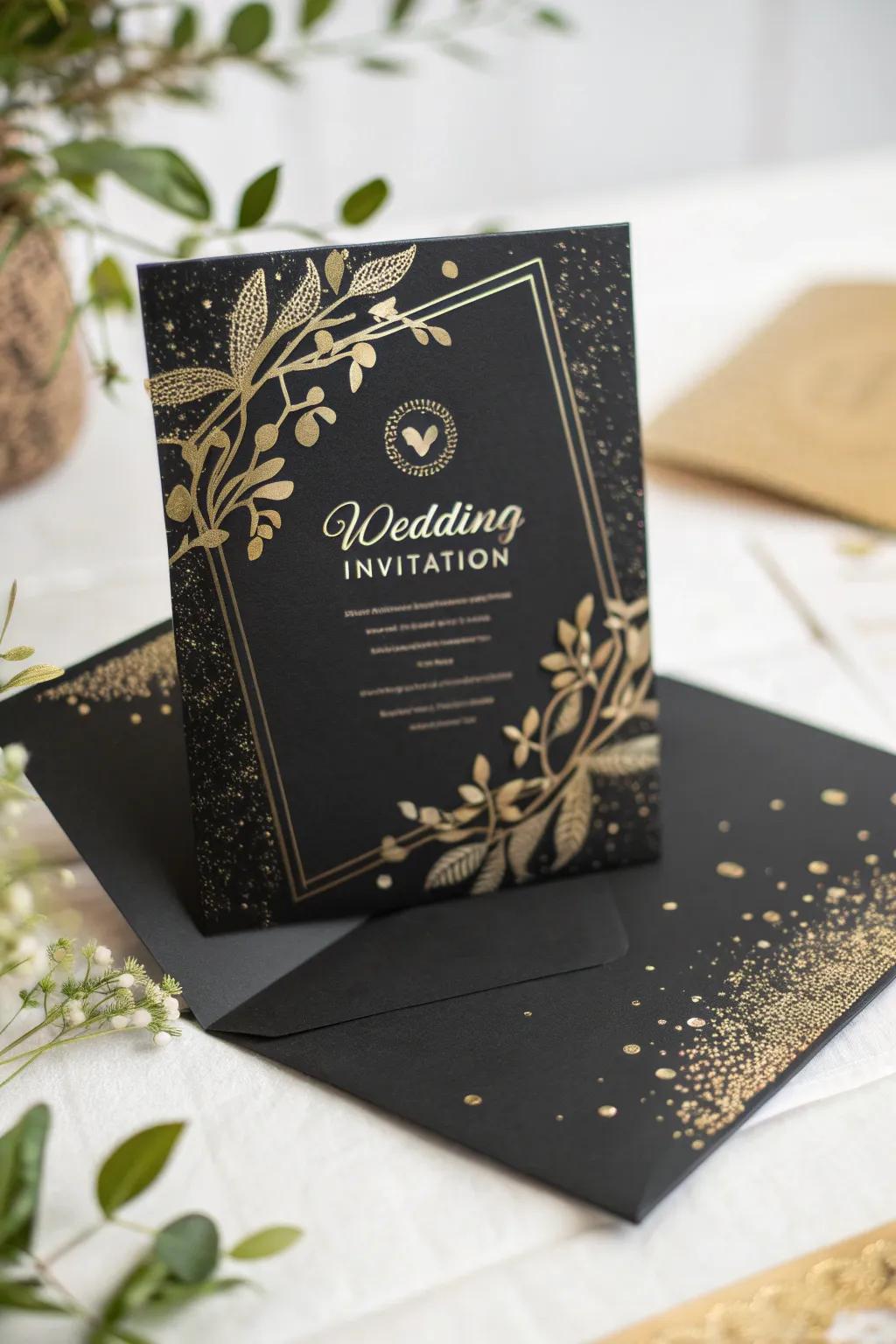 Invitation featuring gilded details on a black card.