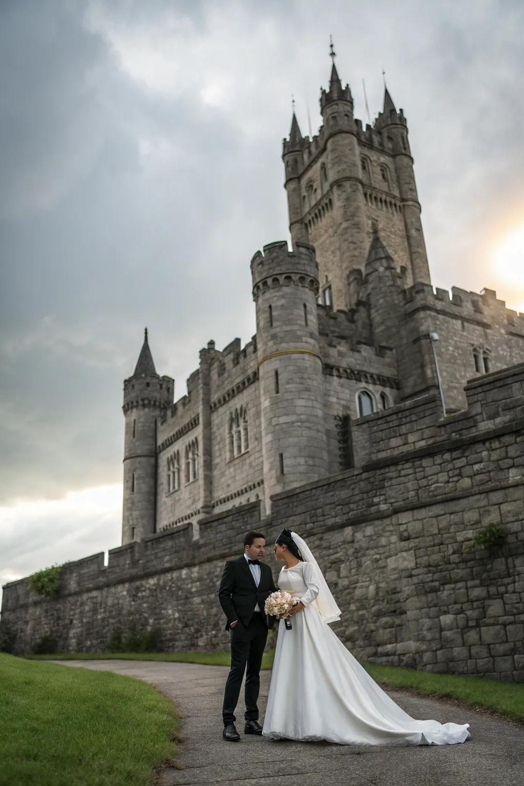 A couple embracing in front of a majestic stone fortress for a fairytale wedding.