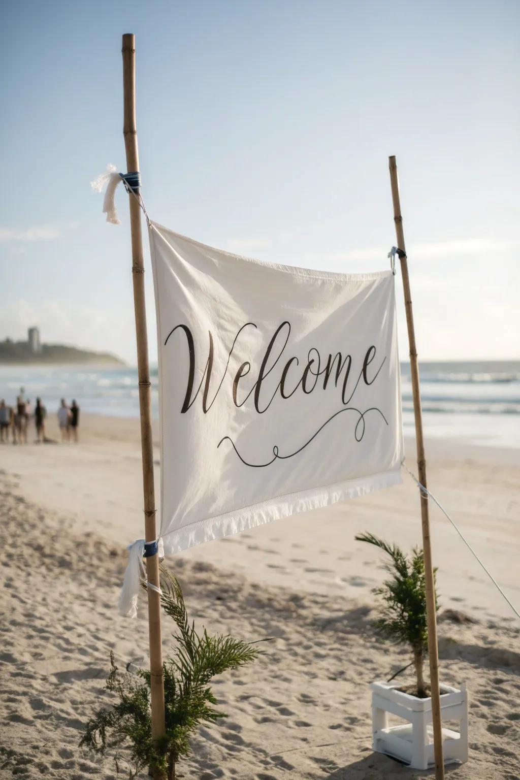 A soft fabric banner welcome board, a perfect fit for fostering a romantic ambiance at a beach wedding.