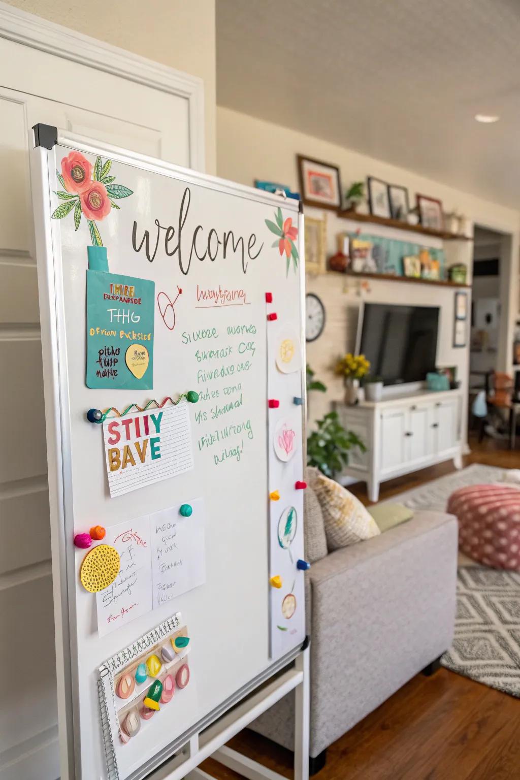 Personalized magnets for a customizable welcome display on a board.