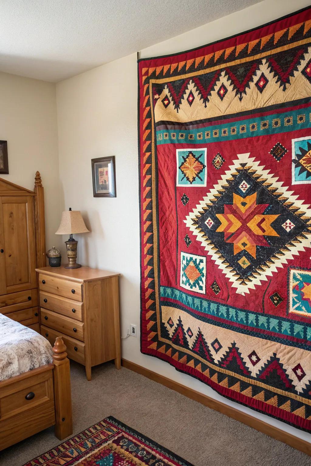A desert blanket adding color and comfort to a bedroom.