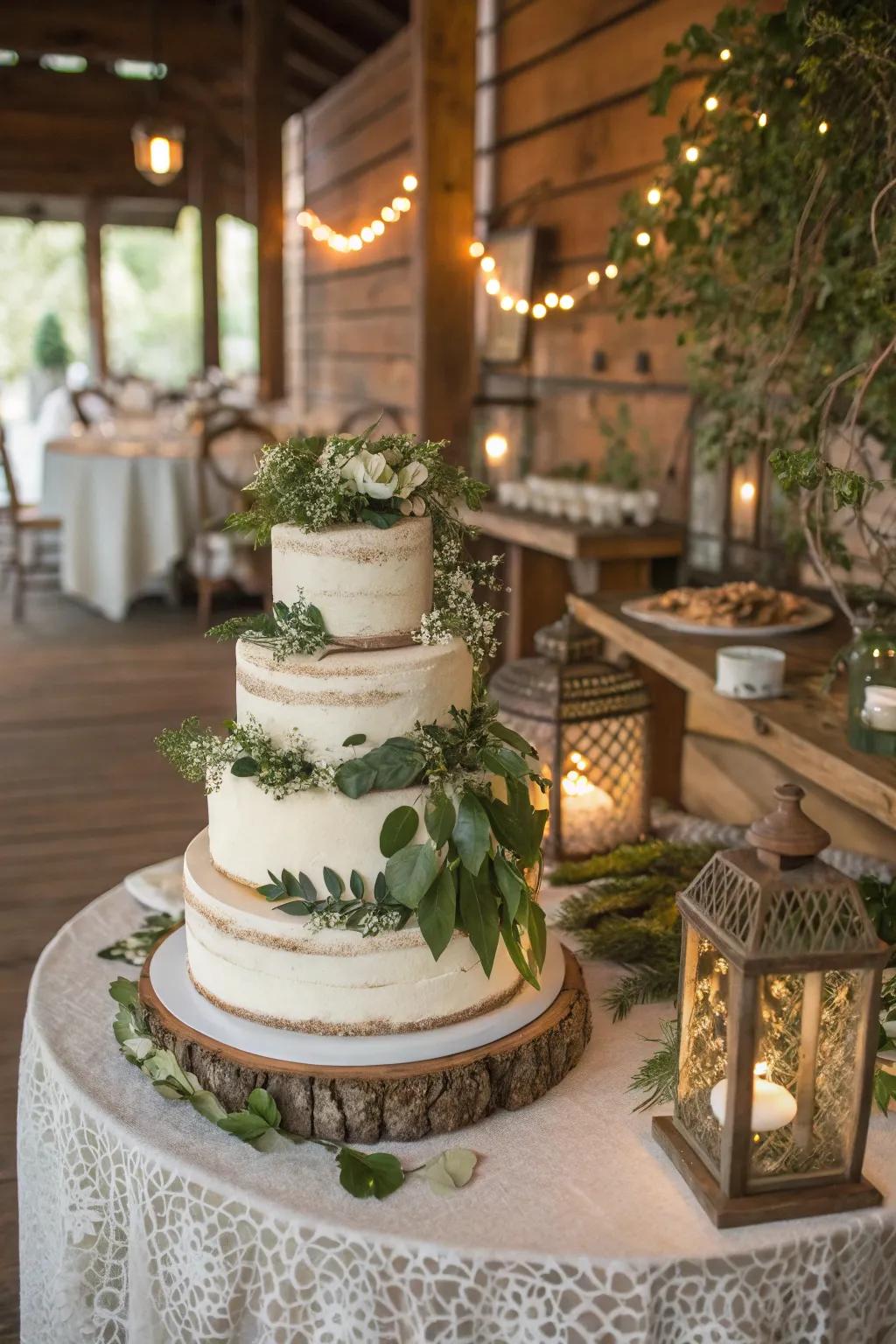 Cake layered with lush foliage.