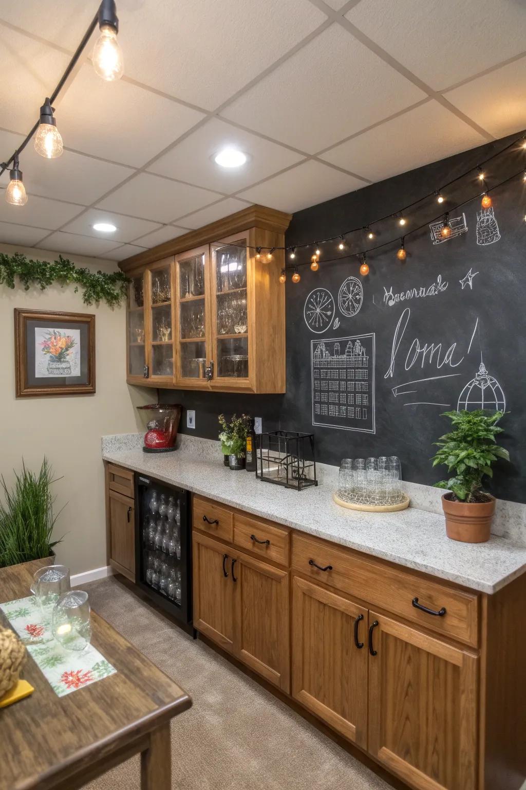 A chalkboard wall makes your wet bar interactive and fun for guests.