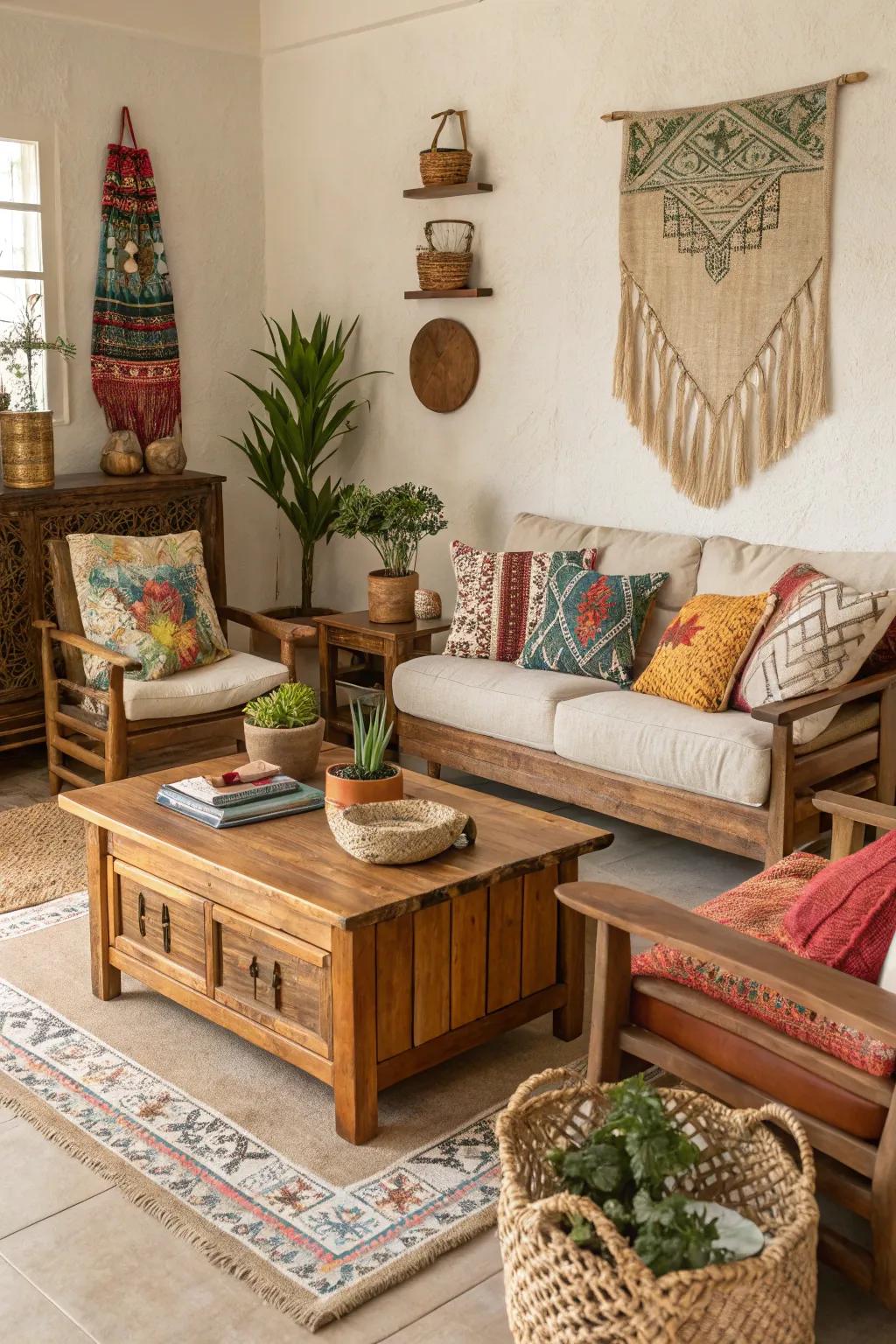 Living area featuring wooden furniture and boho influences.