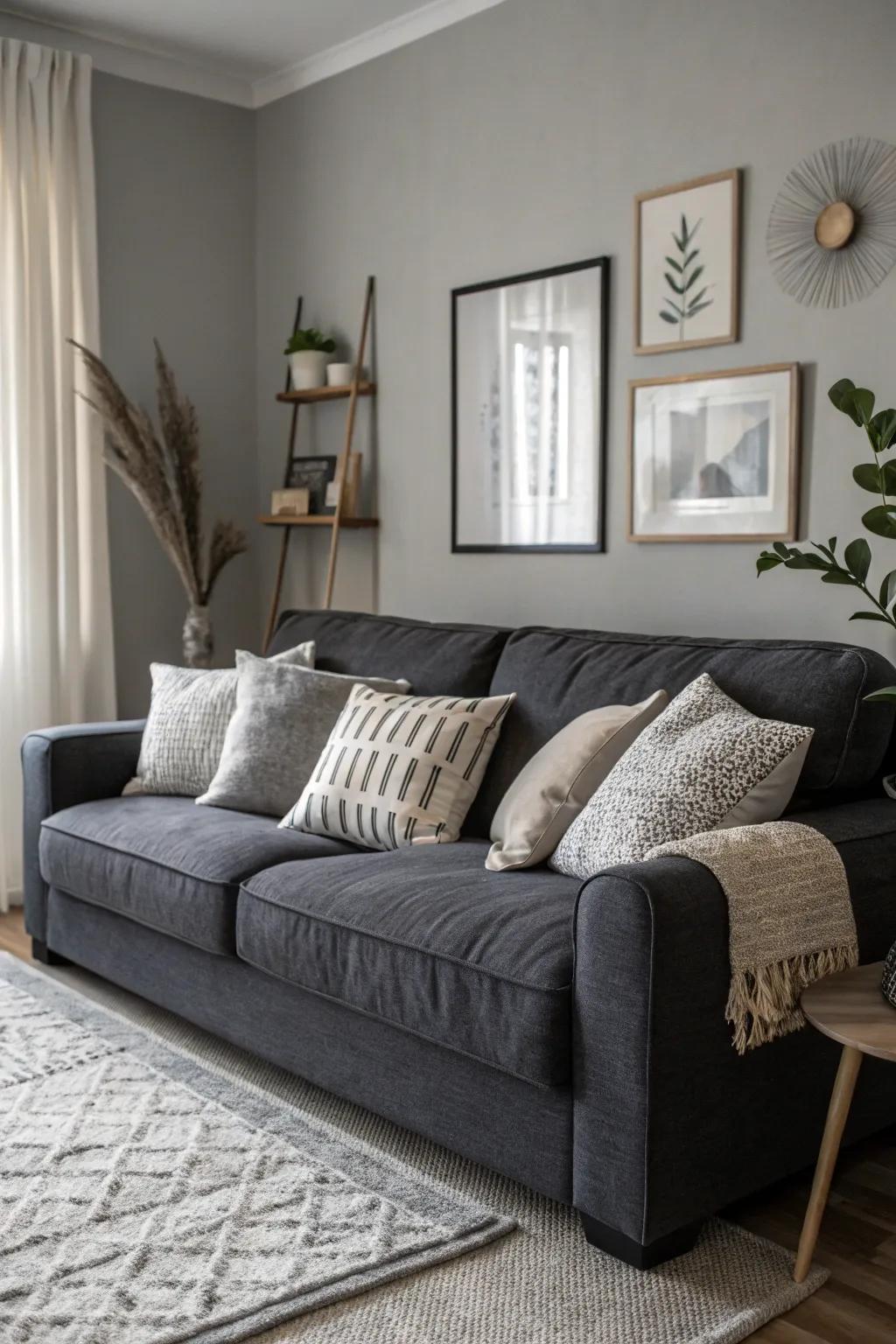 Monochrome pillows in grey shades offer depth and cohesion.
