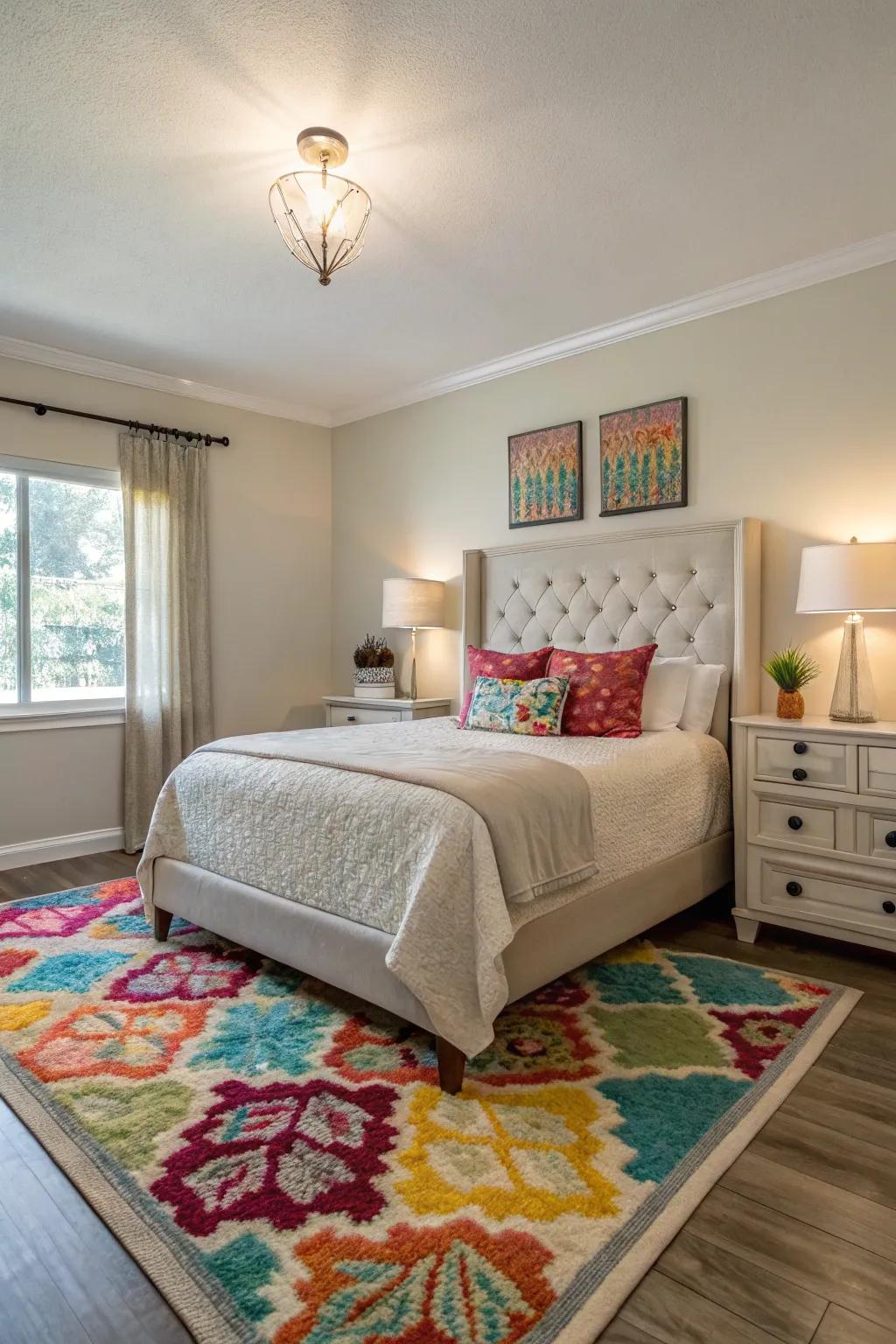 A flash of color in the rug energizes and enlivens a neutral bedroom setting.