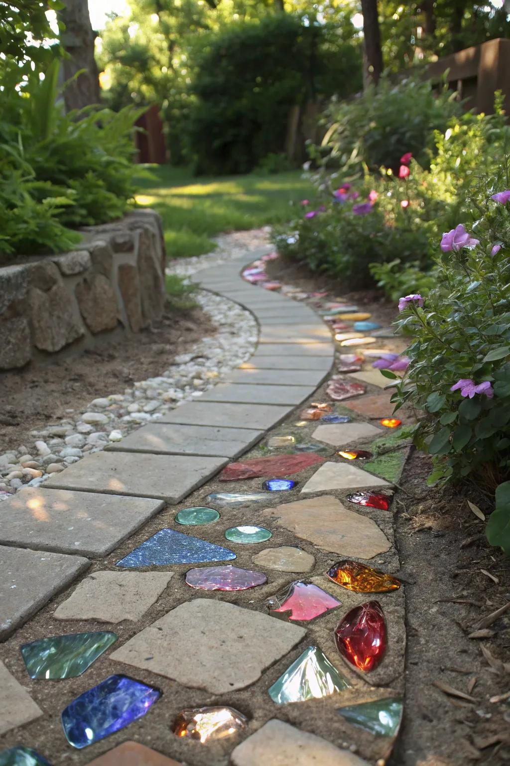 Repurposed glass infuses shimmer and sustainability into flagstone paths.