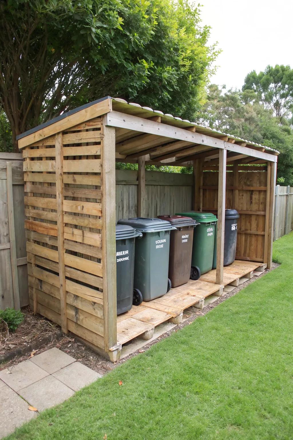 Use repurposed pallets for a rustic trash bin store.