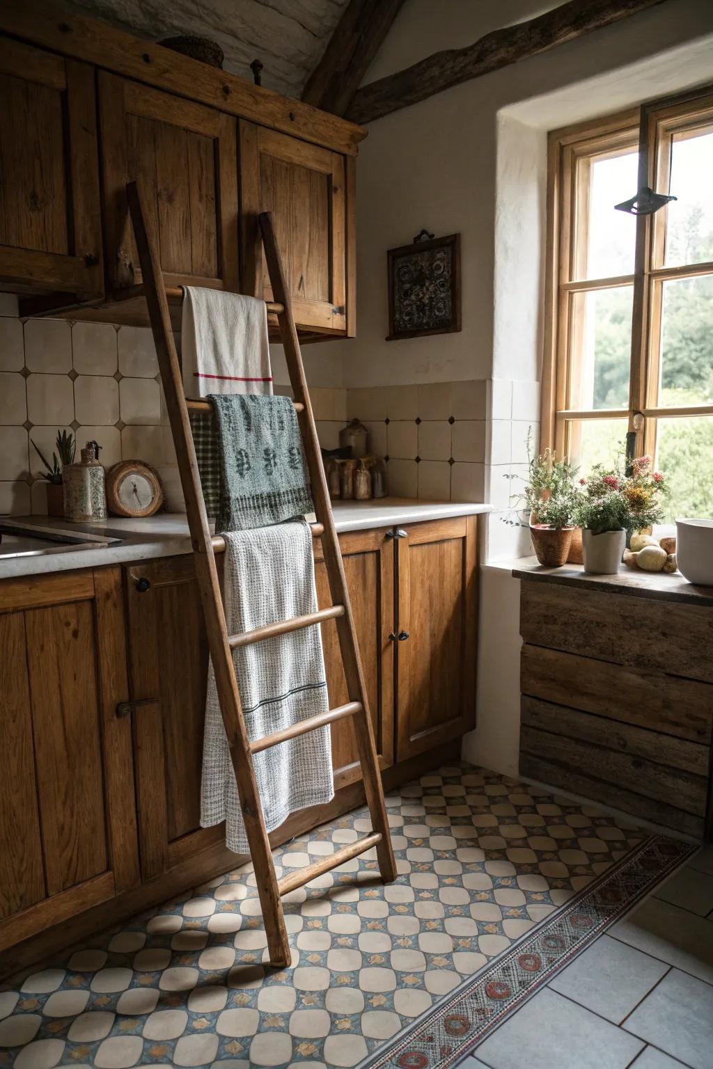 Repurpose a ladder pole for a charming and unique cooking area towel display.