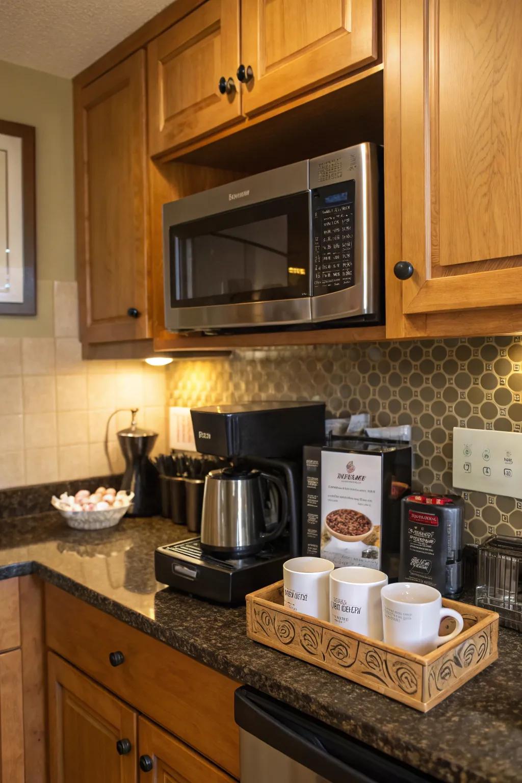 A microwave over the coffee station streamlines your morning routine.